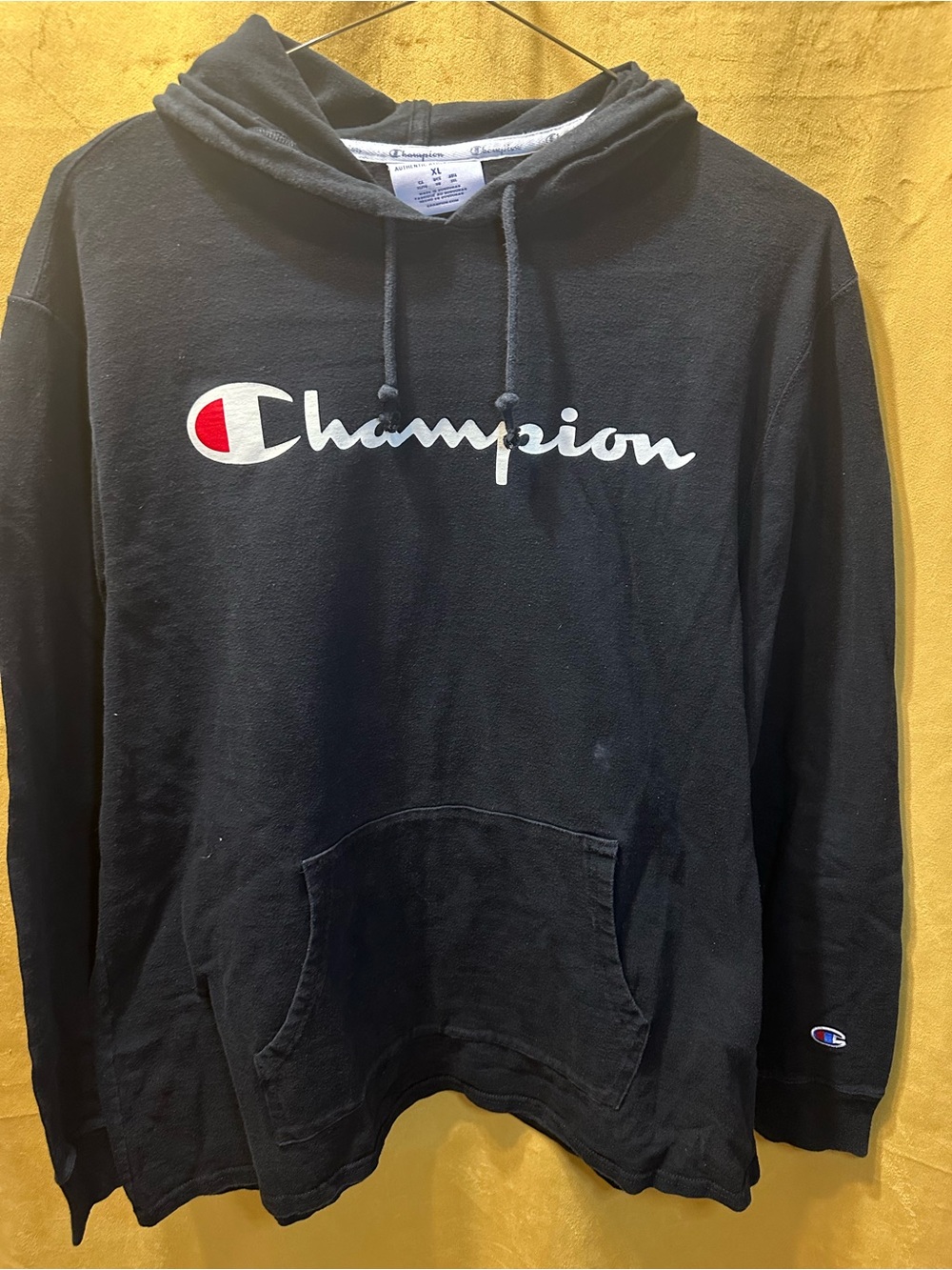 Champion Black Hoodie with White Script and Red Logo Accent